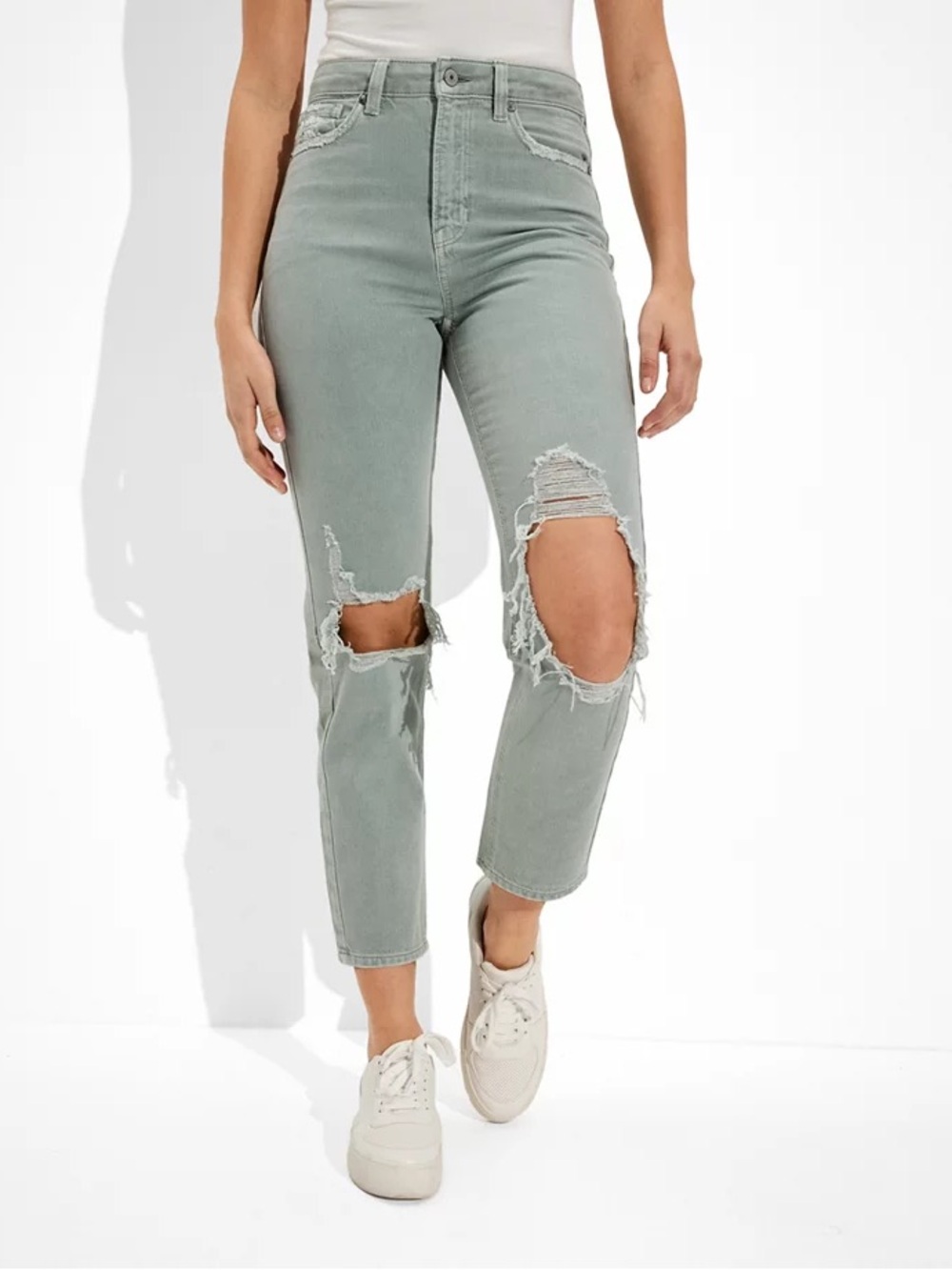Free People High-Rise Distressed Skinny Jeans in Sage